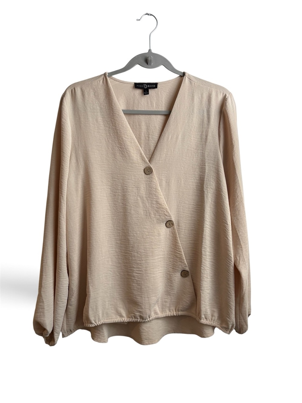 Fred David Neutral Beige Button-Front Wrap Blouse